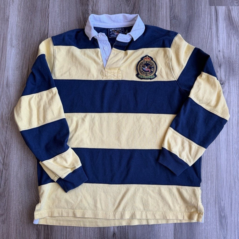 Colorblock Stripe Rugby Polo Shirt Mens M Navy Yellow Oversize AMERICAN LIVING